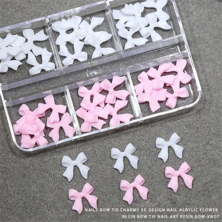 30Pcs/box 3D White & Pink Bows Nail Art Charms 6gird Cute Bowknots Ribbon Nail Rhinestones Resin Bowtie Manicure Decoration #R5!