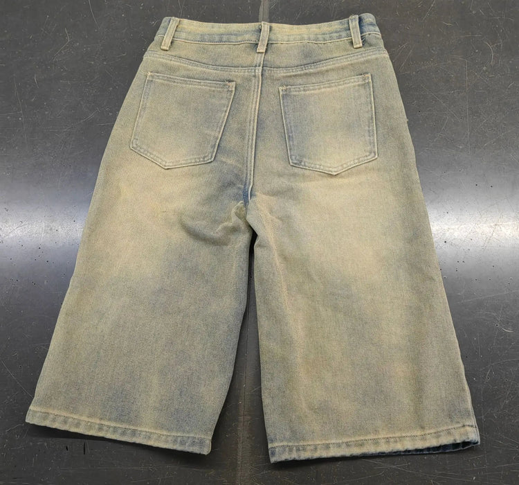 Europe America Summer New High-waisted Loose, Vintage, Ripped Denim Mid-length Straight-leg Wide-leg Pants. Casual Denim Shorts PlatiNum