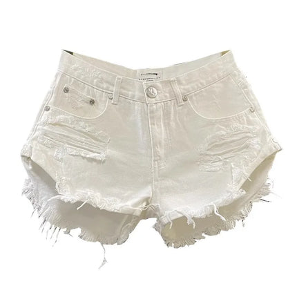 Nuovi Shorts Estivi da Donna 2026 in Denim Bianco, Stile A-Line Strappato a Gamba Larga, Hot Pants Casual alla Moda Streetwear per Ragazze