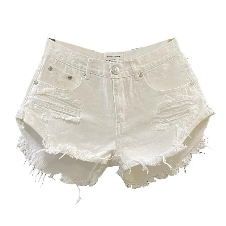 Nuovi Shorts Estivi da Donna 2026 in Denim Bianco, Stile A-Line Strappato a Gamba Larga, Hot Pants Casual alla Moda Streetwear per Ragazze