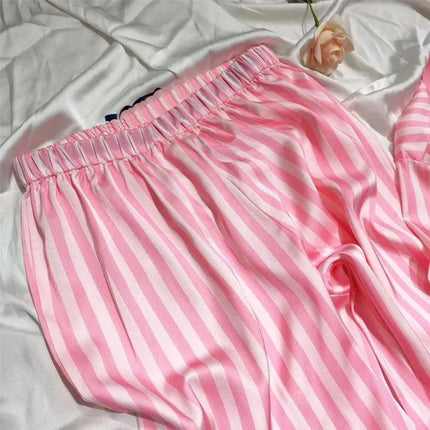 Pigiama da donna a righe rosa in raso set di seta di lusso a maniche lunghe con bottoni e risvolto con pantaloni indumenti da notte e pigiama