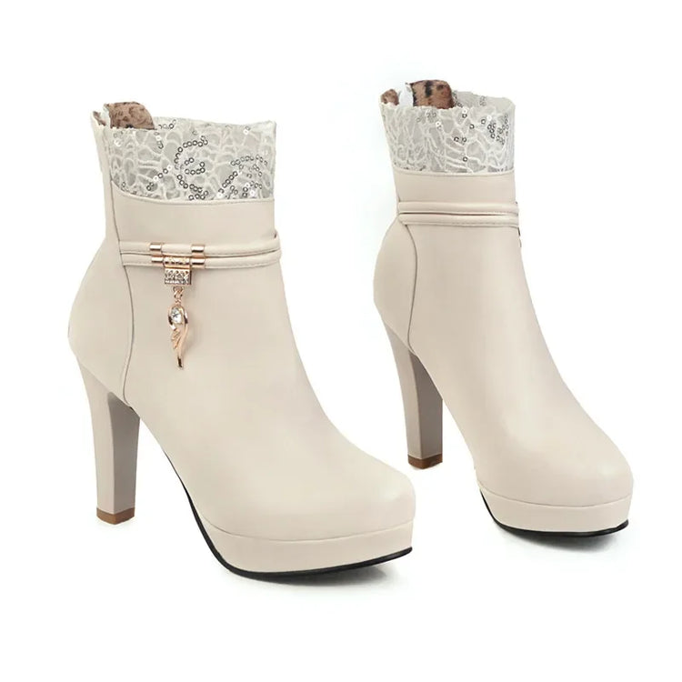 2023 Fashion High Heels Woman Booties Lace Design Princess Platform Party Wedding Womens Shoes White Black Ankle Boots Winter