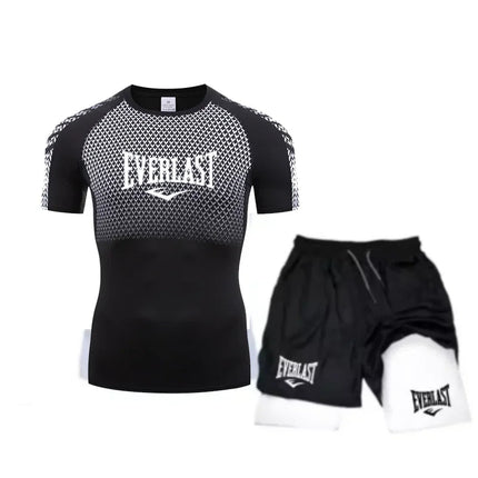 EVERLAST Men's Compress Shirt + 2-in-1 sports shorts 2pcs Set Leisure Breath Short Sleeve Sport Jogging Gym Brand Print Clothing platinumshop