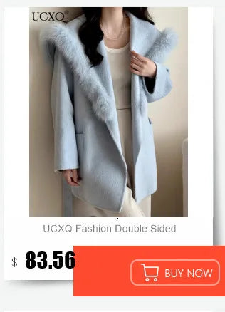 UCXQ Color Blocked Double Sided Wool Coat For Women Hooded Long Sleeved Belt Cardigan Coats 2025 Autumn Winter New Tide 23Z3934