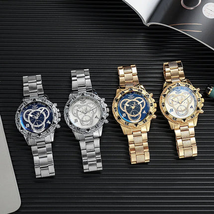 Orologio al quarzo da uomo di lusso Orologio da polso da uomo d'affari classico Quadrante grande Striscia di acciaio legato Orologio al quarzo da uomo a tre occhi con luce blu platinumshop