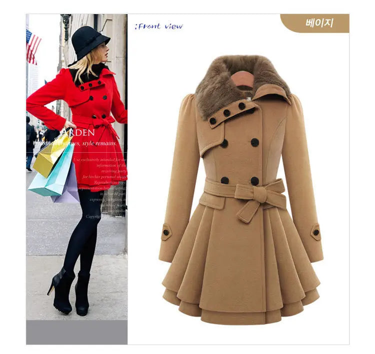 women woolen coat 2026 New fitted mid-length woolen coat double-breasted thickened overcoat + belt women's clothing