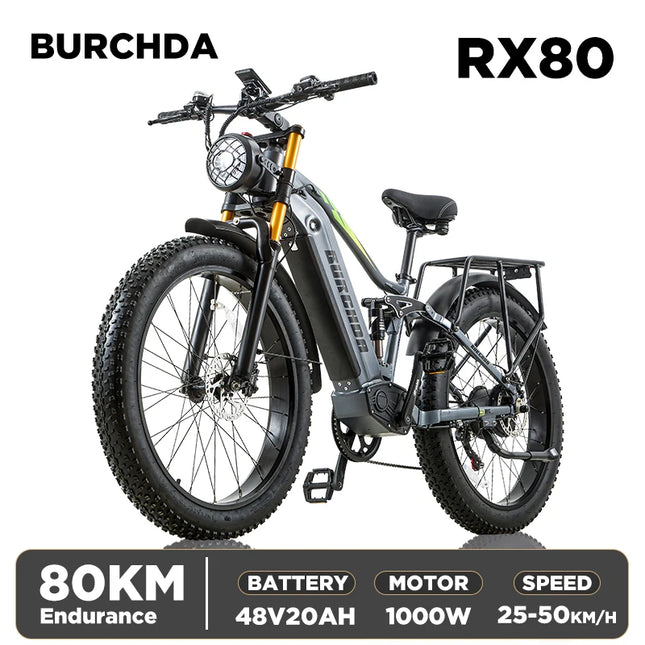 BURCHDA RX80 1000W 50KM/H Electric Mountain Bike, 48V20AH Lithium Battery, 26 Inch 4.0 Fat Tires, E-Bike for Adults