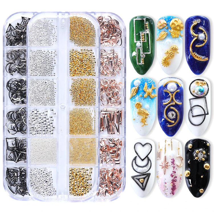 12 Grids Gold Nail Art Alloy Studs Seaside 3D Decorations Sea Shell Star Nail Charm Metal Frame Rivets Nail Sequin Accessories