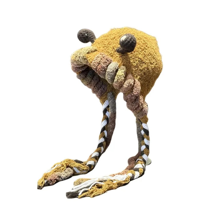 2025 Funny Monster Furry Hat for Women Autumn Winter Knitted Beanie with Braid Warm Ear Protection Hand Crochet Skullies