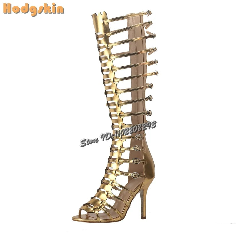 Retro Buckle Strap Roman Sandals Open Toe Back Zip Stiletto Knee-high Summer Boots 2026 New Fashion High Heeled Women Shoes