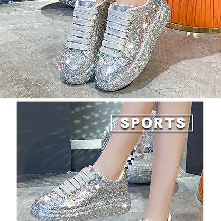 2025 Autumn Leather Women Shoes New Style Fashion Platform Shoes Ins Platforms Sneakers Tide Shine Bling Rhinestone Shoes