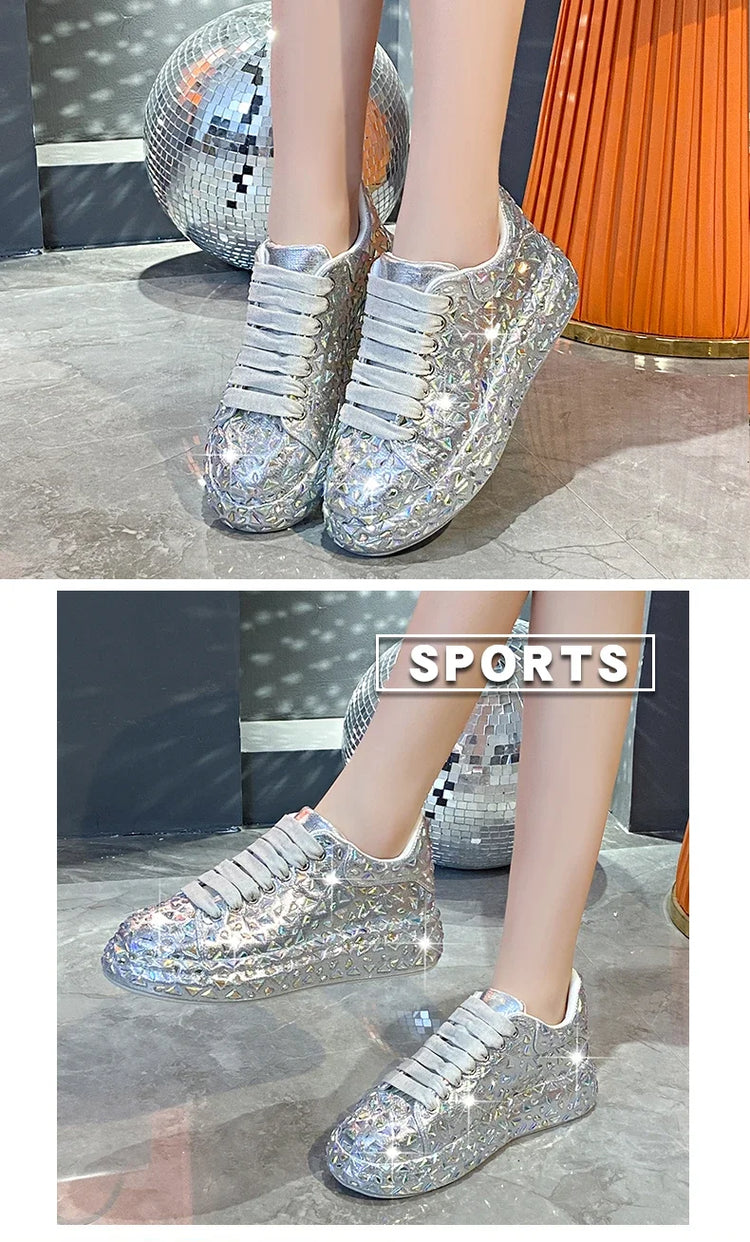 2025 Autumn Leather Women Shoes New Style Fashion Platform Shoes Ins Platforms Sneakers Tide Shine Bling Rhinestone Shoes