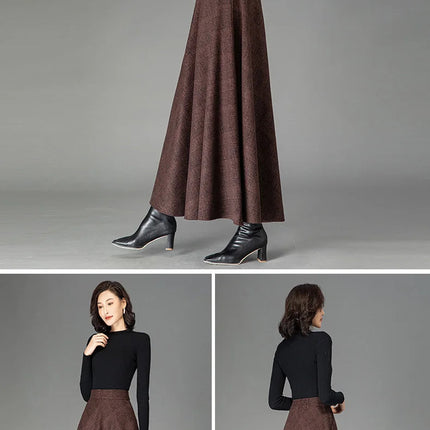 New Women Woolen Plaid Skirt Autumn Winter Fashion Elastic High Waist A-Line Wool Blended Long Skirt Simplicity Vintage Skirt PlatiNum