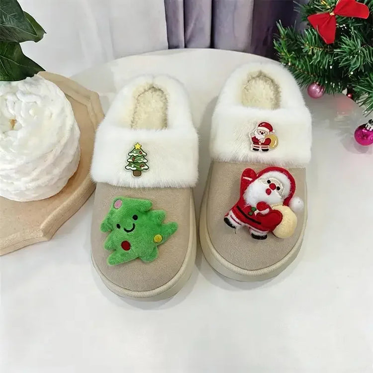 2026 Women Cute Santa Claus Plush Christmas Slippers Winter Warm Furry Fur Indoor Slippers Woman Platform Home Slides Girls Gift