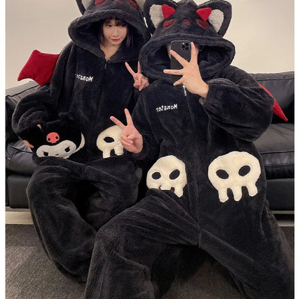 Cartoon Devil Pajamas Couples Women Men Onesie Sleepwear Winter Thicken Hooded Loungewear Coral Fleece Homewear Pijama Disfraz
