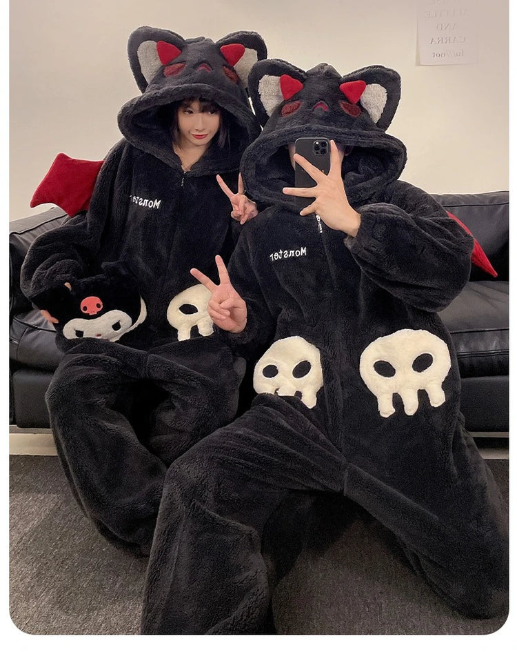 Cartoon Devil Pajamas Couples Women Men Onesie Sleepwear Winter Thicken Hooded Loungewear Coral Fleece Homewear Pijama Disfraz