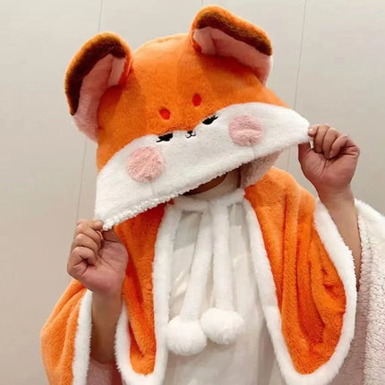 Winter Cartoon Fox Thick Wearable Blanket Nap Cloak Nightgown Office Blanket Adult Cloak