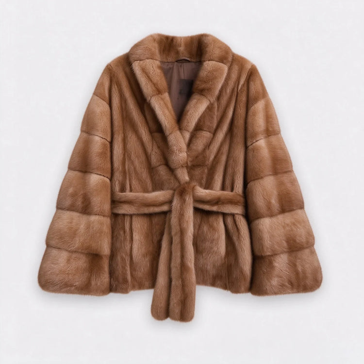 IG 2026 Women Stand Collar Belted Waist Faux Mink Fur Jacket Loose Long Sleeve Luxury Elegant Winter Party Daily Outer Coat
