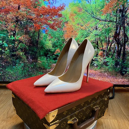 Tacchi altissimi personalizzati multicolori da 12 cm, pelle verniciata bianca nuda, suola rossa sexy, scarpe sottili a punta per ordine singolo platinumshop
