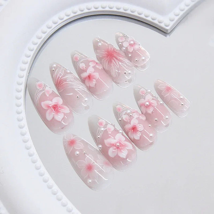 24pcs Pink Flower Almond Press on Nails Kawaii False Nails Wearable Stick-on Nails Fake Nail Uñas Postizas Накладные Ногти 네일팁2028
