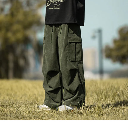 2025 autumn and winter new retro brown corduroy multi pocket workwear pants for men, loose drawstring elastic waist pants