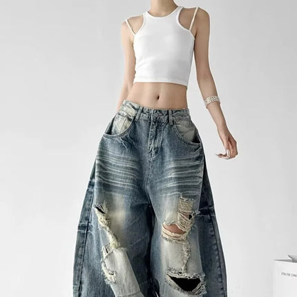 Jeans Larghi da Donna Stile High Street, Denim Distressed, Moda Primavera 2026, Nuovi Arrivi, Pantaloni Lunghi