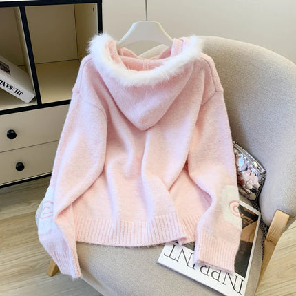 Women's Pink Hooded Long Sleeve Cute Overhead Sweater Y2K Japanese Style 2000S College Retro Autumn Winter Warm Sweater Clothes