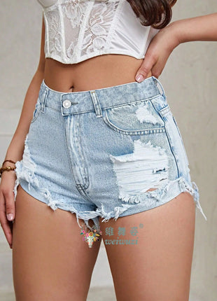 Women's High Rise Light Wash Destroyed Denim Shorts Casual Jeans Summer Fashion Must-Havefor Teen Girls Ripped Hem Jean Hotpants PlatiNum