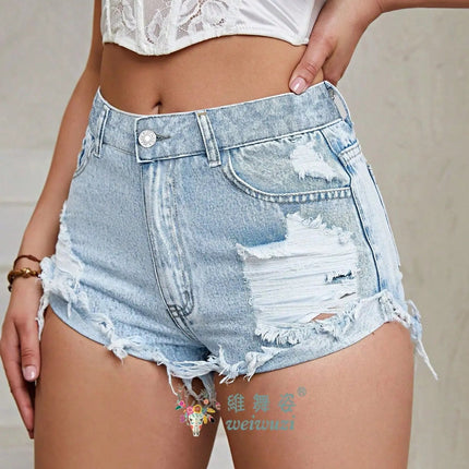 Women's High Rise Light Wash Destroyed Denim Shorts Casual Jeans Summer Fashion Must-Havefor Teen Girls Ripped Hem Jean Hotpants PlatiNum