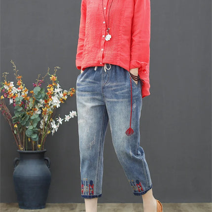 AmaxluluE Jeans larghi strappati da donna alla moda estiva Pantaloni in denim ricamati per il tempo libero da donna Pantaloni Harem elastici da donna vintage
