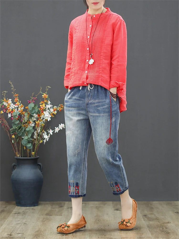 AmaxluluE Jeans larghi strappati da donna alla moda estiva Pantaloni in denim ricamati per il tempo libero da donna Pantaloni Harem elastici da donna vintage