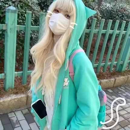 Zipper Hoodie Gothic Cartoon Kawaii Cat Ear Y2k Jacket Zip Up Thin Coat Spring Autumn Cute Core 2000s Clothes Fall Sweatshirts