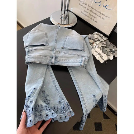 Jeans eleganti di lusso con strass ricamati vuoti allentati Jeans estivi da donna a vita alta pantaloni in denim dritti Y2K Casual Streetwear