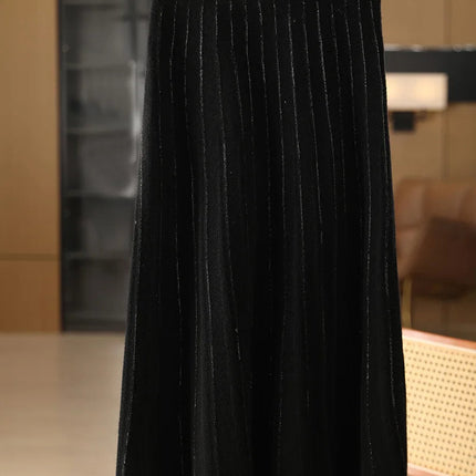 Women's Wool Skirts A-Line Pleated Cashmere Skirt Autumn Winter Elastic Waist 100% Merino Wool Knitted Bright Silk Style Dress PlatiNum