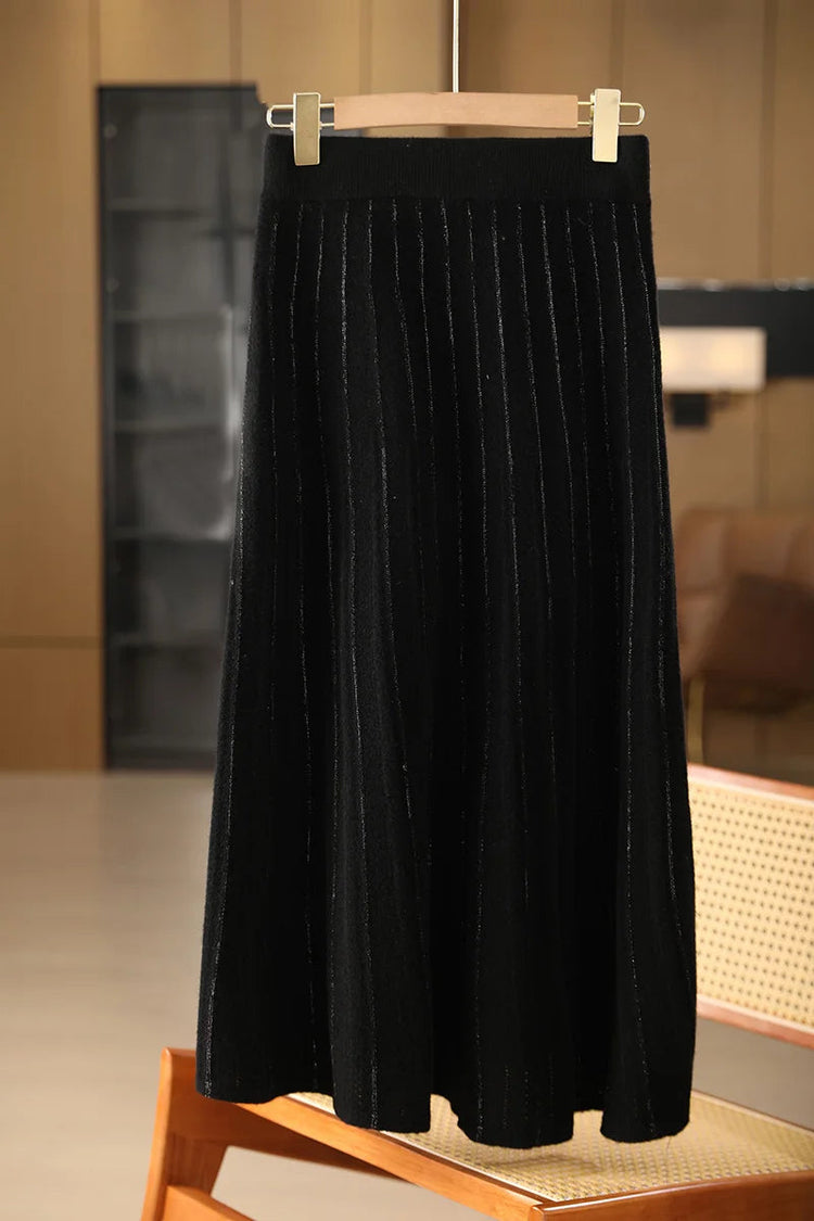 Women's Wool Skirts A-Line Pleated Cashmere Skirt Autumn Winter Elastic Waist 100% Merino Wool Knitted Bright Silk Style Dress PlatiNum