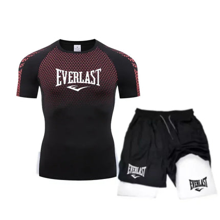 EVERLAST Men's Compress Shirt + 2-in-1 sports shorts 2pcs Set Leisure Breath Short Sleeve Sport Jogging Gym Brand Print Clothing platinumshop