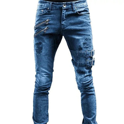 Zipper Decoration Slim Fit Biker Jeans Men Cotton Stretchy Ripped Skinny Jeans High Quality Hip Hop Black Oversize Denim Pants PlatiNum