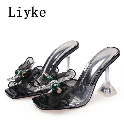 Liyke 2026 Nouvelle Mode 9CM Chaussons à Talon Transparent Filet Rose Nœud Papillon Sandales d'Été Chaussures Transparentes pour Femmes Claquettes Présentations des entreprises de fabrication de jeux
