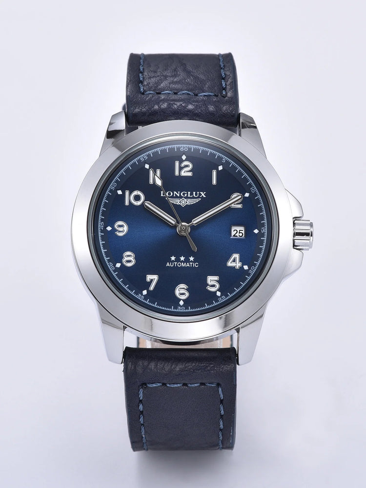 LONGLUX Men Automatic Watch Vintage Pilot Business Classic Military Mechanical Watches Date Waterproof Luminous Leather Gift