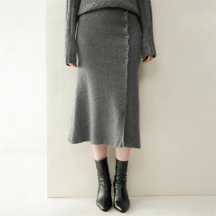 Women 100% Cashmere Skirts Office Lady Autumn Winter Knitted High Waist A-Skirt Graceful Long Warm front-open skirt with buttons PlatiNum