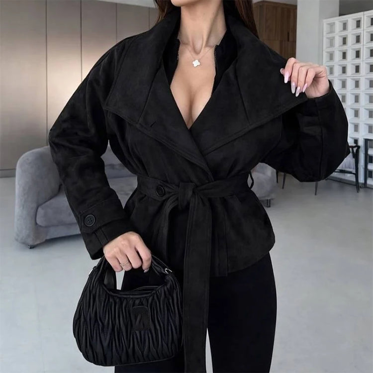 Elegant Suede Women Jacket Turn Down Collar Double Breasted Belt Waist Slim Jackets 2026 Autumn Winter Female Fashion Tops