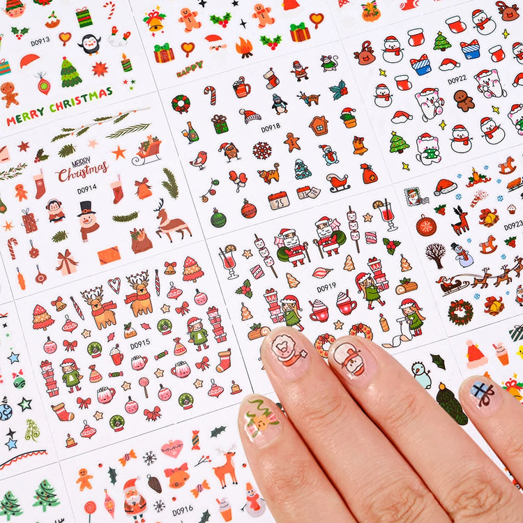 24Pcs 3D Christmas Nail Stickers Cartoon Santa Claus Elk Snowman Snowflakes Self-Adhesive Nail Decals Kid Girl Xmas Gift Sliders