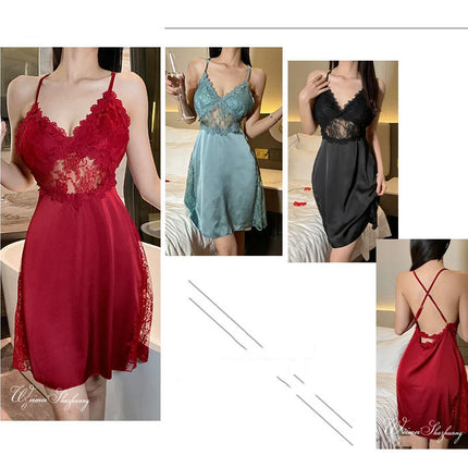 2025 nuova camicia da notte sexy canotta da donna in pizzo indumenti da notte per la casa in raso con scollo a V profondo backless canotta di lusso indumenti da notte plus size rosso nero