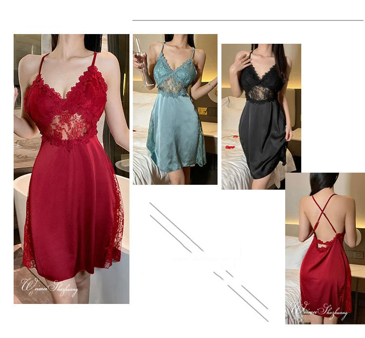 2025 nuova camicia da notte sexy canotta da donna in pizzo indumenti da notte per la casa in raso co