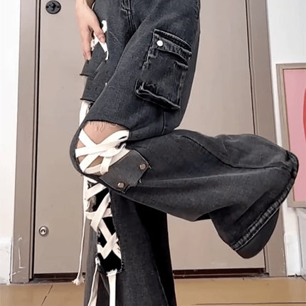 Estate allentata a figura intera Street Lace-Up scava fuori pantaloni a gamba larga femminili American Simple Washed Distressed Fashion Jeans da donna