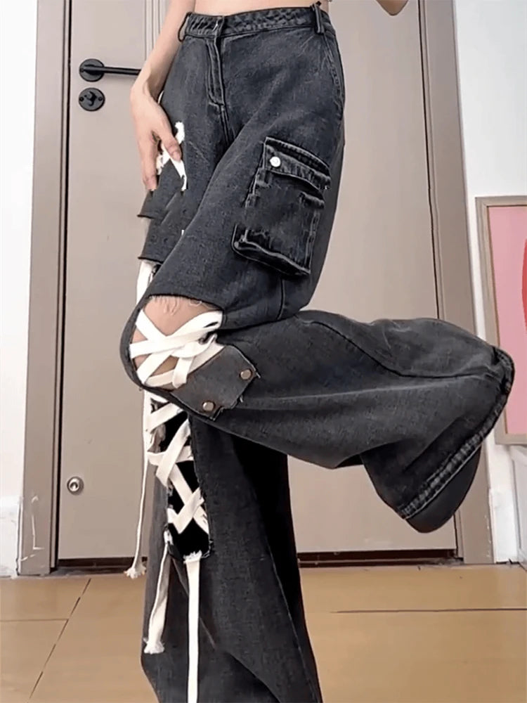 Estate allentata a figura intera Street Lace-Up scava fuori pantaloni a gamba larga femminili American Simple Washed Distressed Fashion Jeans da donna