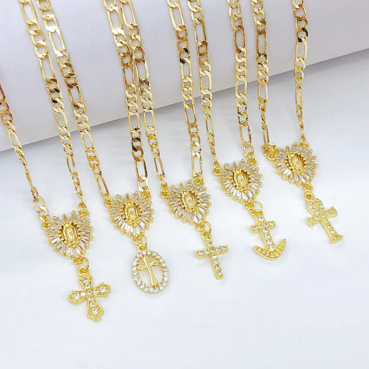 Classico cattolico Vergine Maria Croce Ciondolo con zirconi Catena alla clavicola per uomo Donna Collana religiosa Amuleti di preghiera Gioielli