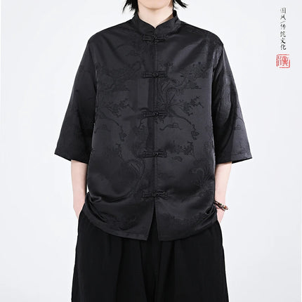 Camicie cinesi Camicia retrò in seta di ghiaccio con motivo floreale scuro Tradizionale Kung Fu Tai Chi Casual Loose Fit Top da uomo traspirante estivo