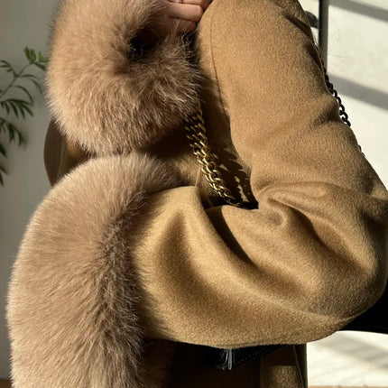 Autumn Winter Korean High-end Real Fox Fur Sleeves Women Black Slim Fit Waist Cinched Double-sided Wool Coat Long Woolen Coat