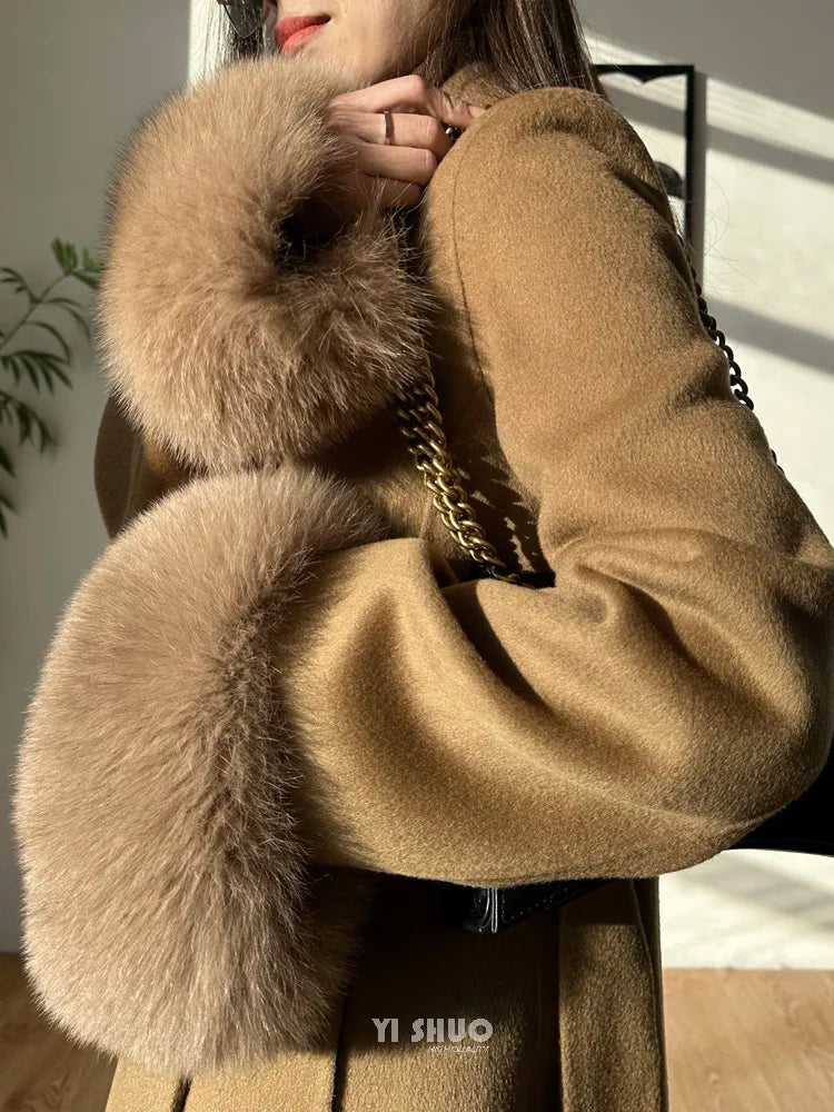 Autumn Winter Korean High-end Real Fox Fur Sleeves Women Black Slim Fit Waist Cinched Double-sided Wool Coat Long Woolen Coat